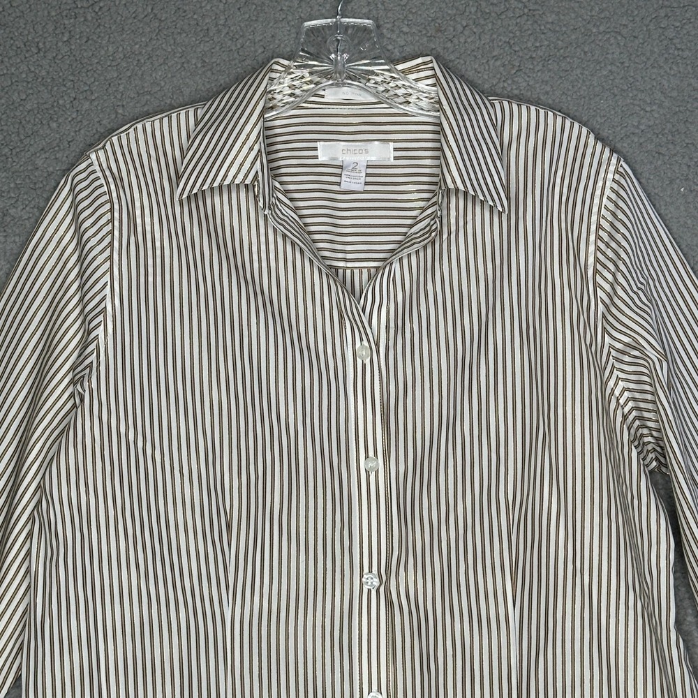 Chicos Blouse Womens Size Large No Iron‎ Metallic Gold Stripe Button Up Casual